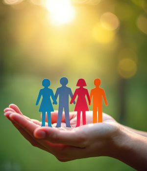 Hands hold colorful paper people silhouettes against a sunny green background. Symbolizes togetherness, diversity and inclusion in community or family settings.